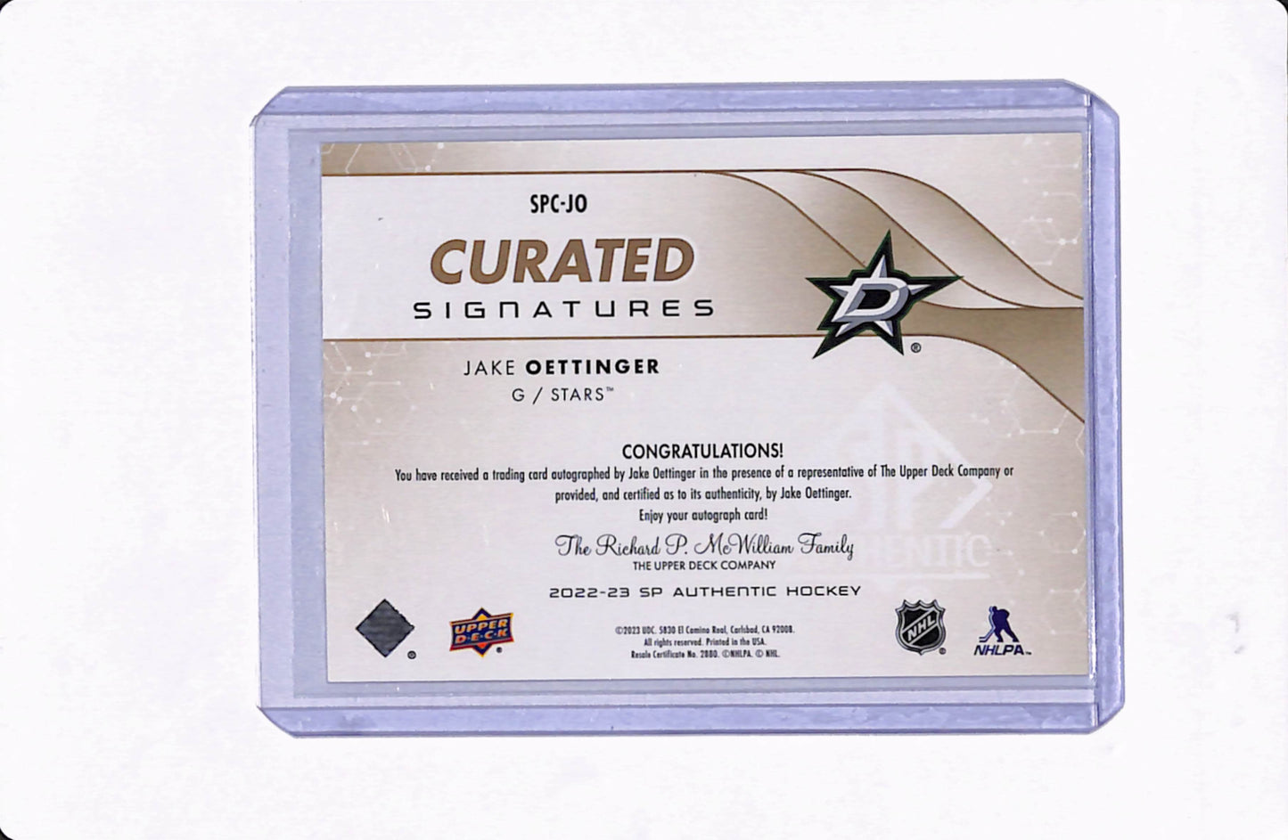 2022-23 SP AUTHENTIC JAKE OETTINGER CURATED SIGNATURES /99