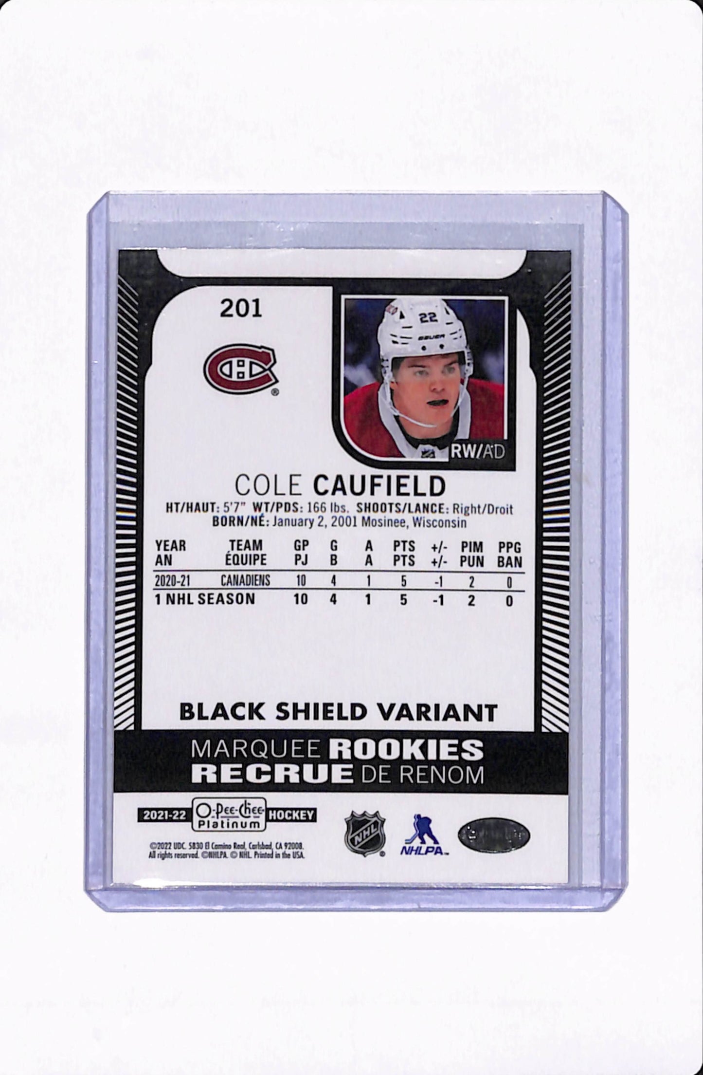 2021-22 O.P.C PLATINUM COLE CAUFIELD MARQUEE ROOKIES BLACK SHIELD VARIANT