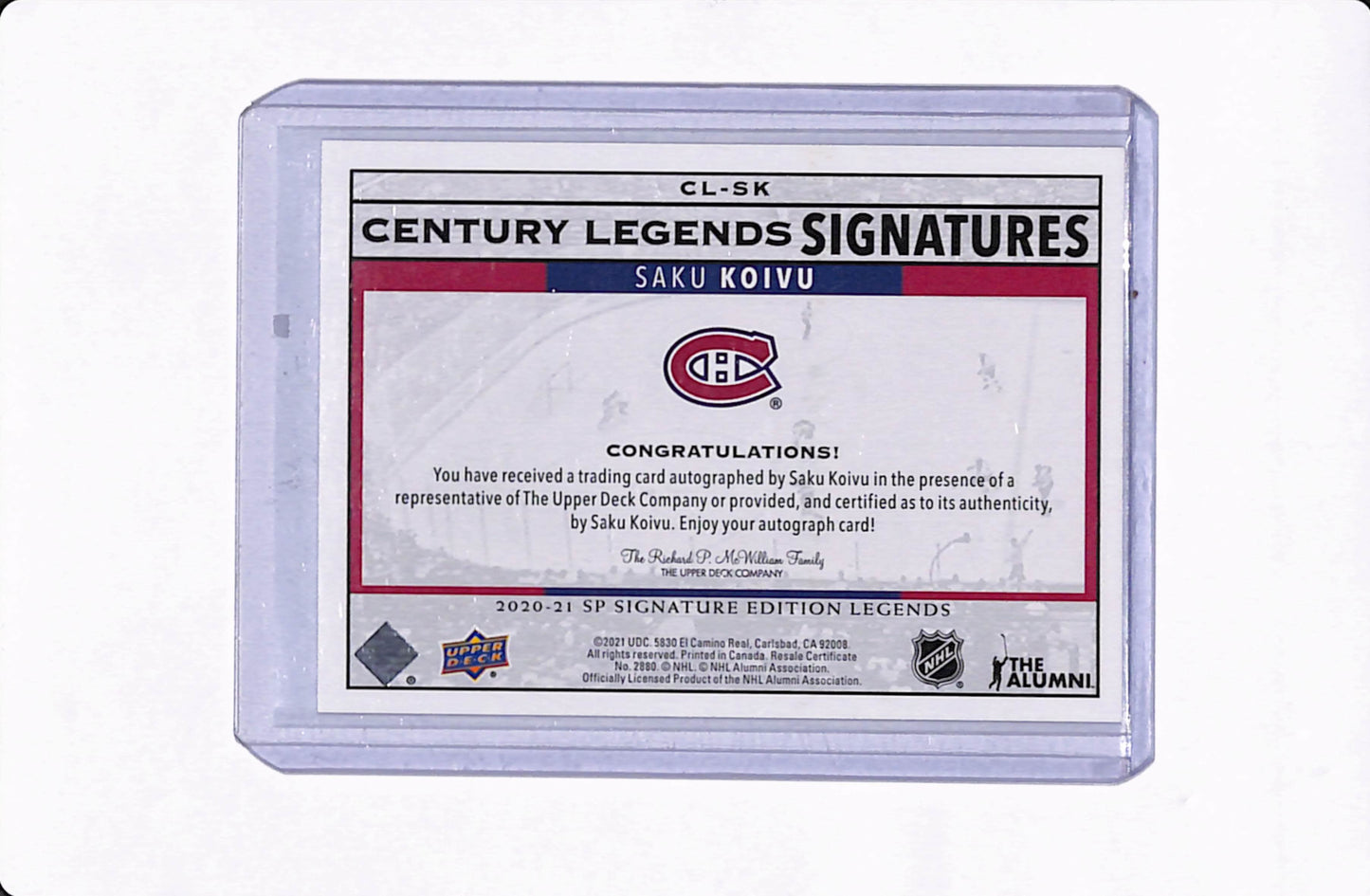 2020-21 SP SIGNATURE EDITIONS SAKU KOIVU CENTURY LEGENDS SIGNATURES
