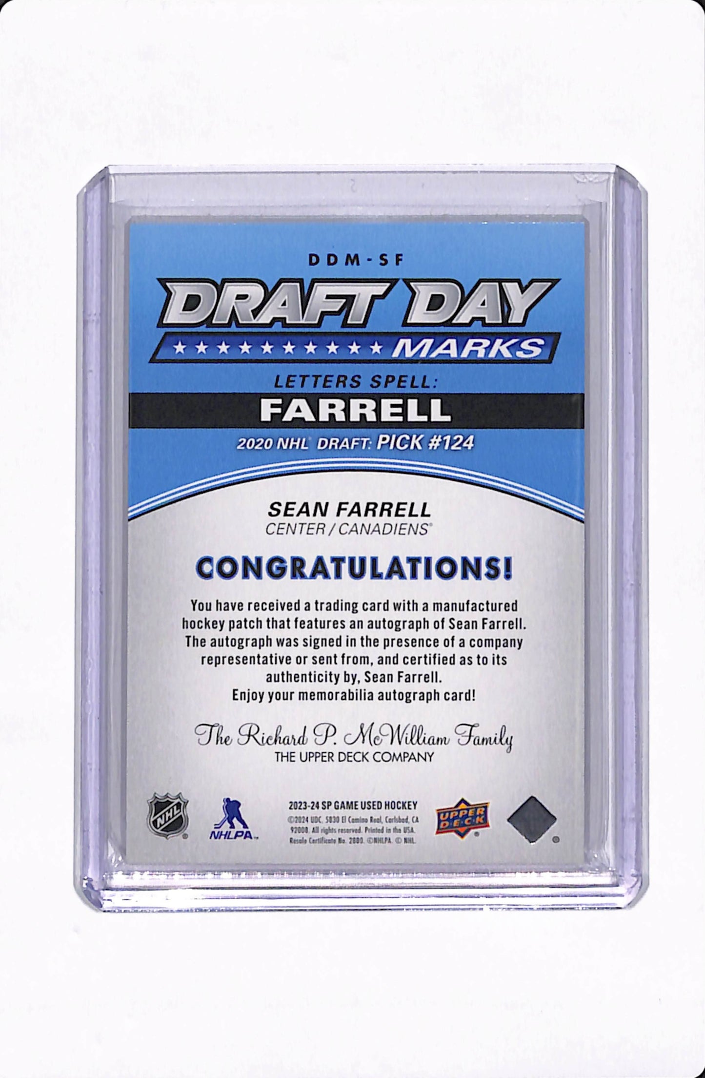 2023-24 SP GAME USED SEAN FARRELL DRAFT DAY MARKS /35