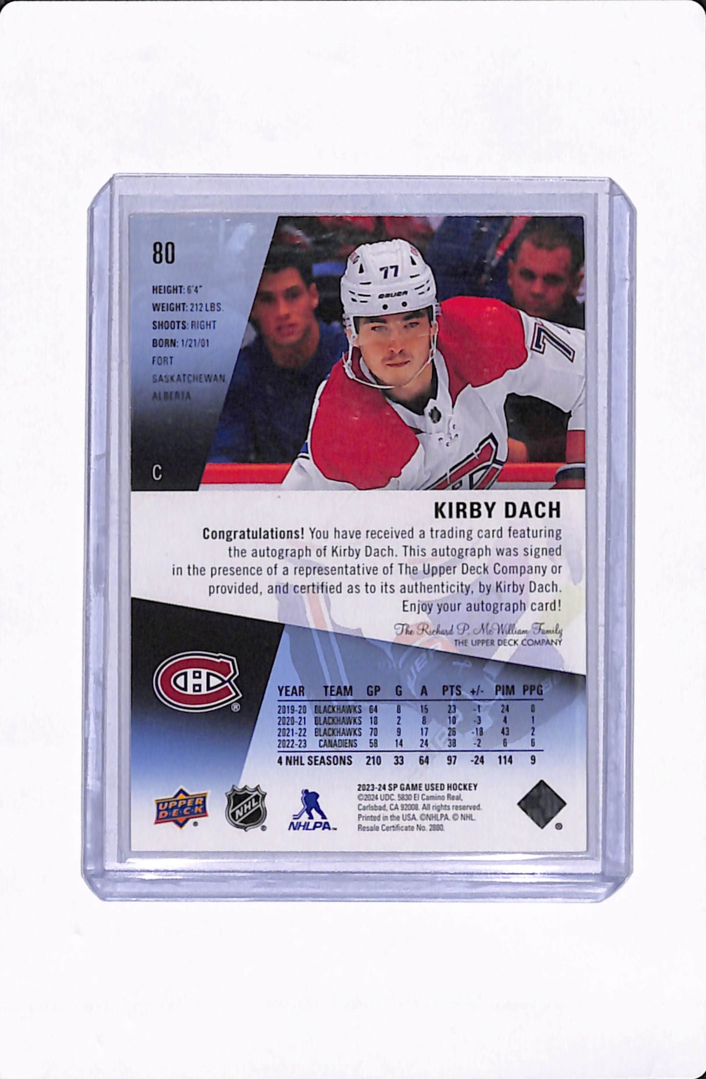 2022-23 SP GAME USED HOCKEY KIRBY DACH AUTO