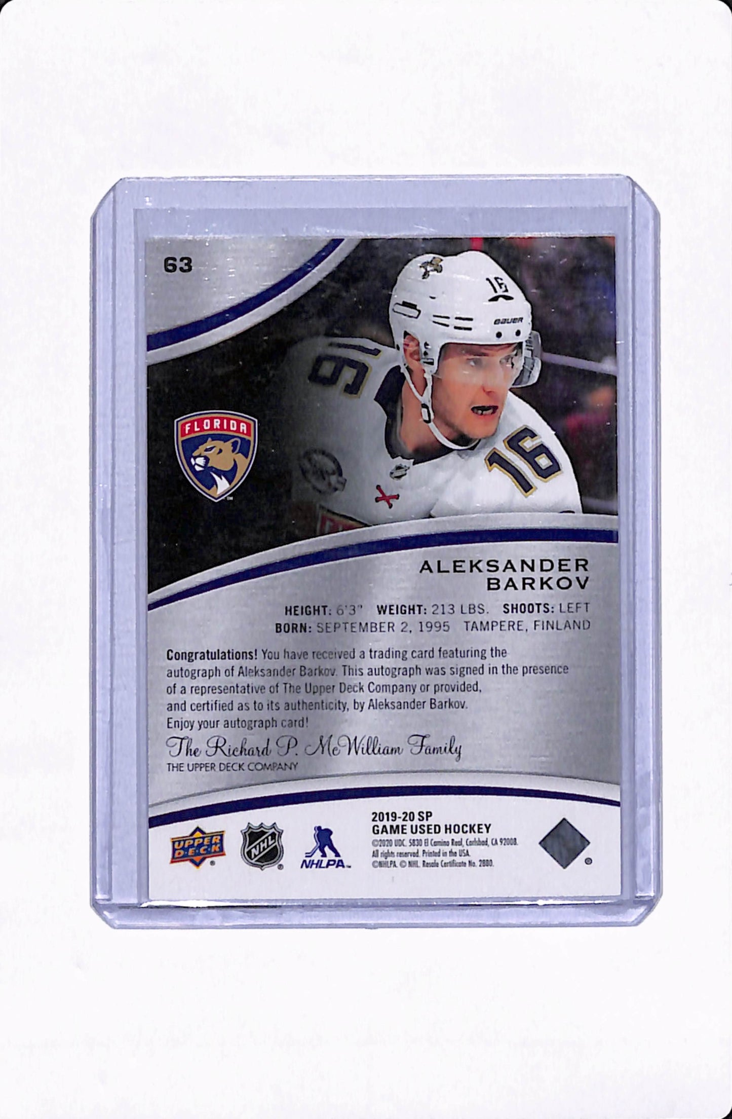 2019-20 SP GAME USED ALEKSANDER BARKOV AUTO