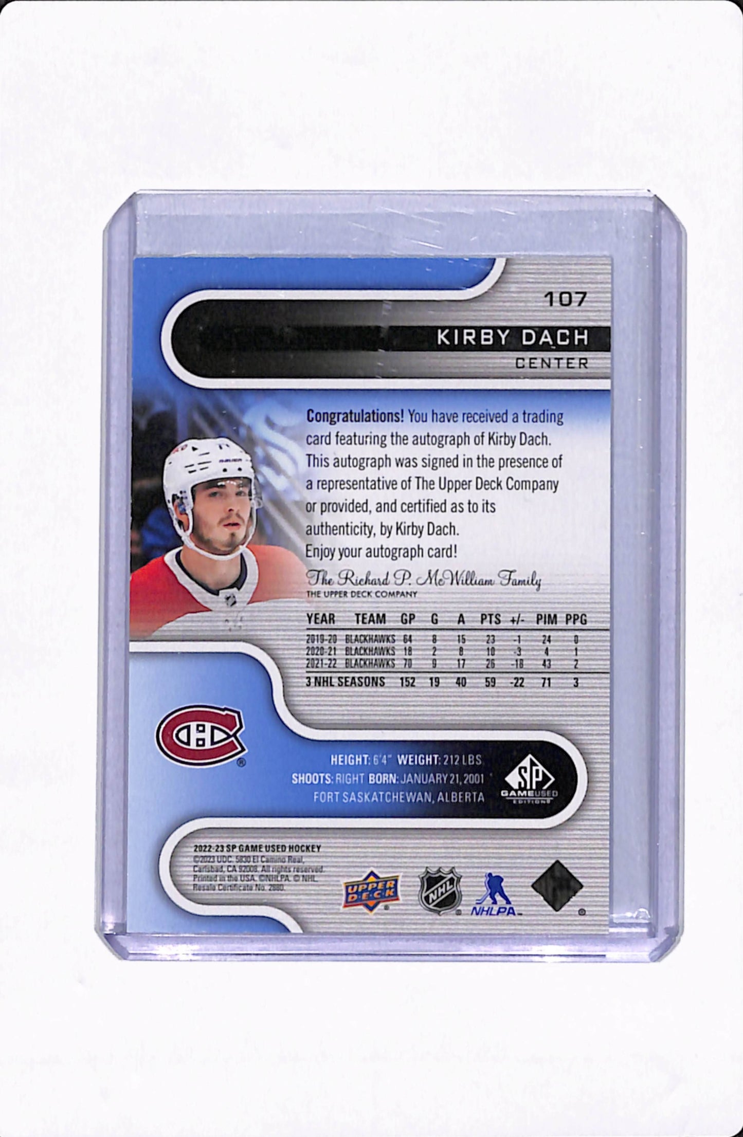 2022-23 SP GAME USED HOCKEY KIRBY DACH AUTO