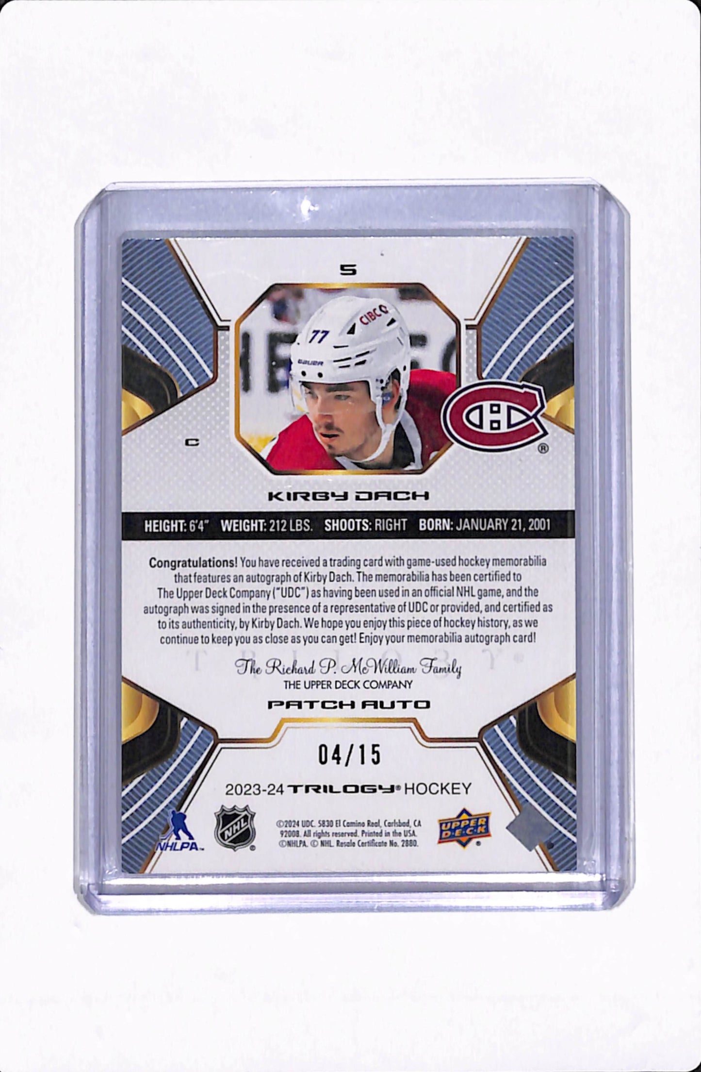 2023-24 TRILOGY KIRBY DACH PATCH AUTO /15