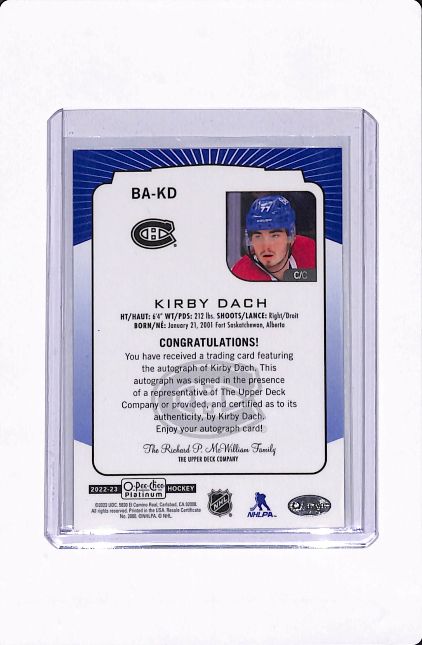 2022-23 OPC PLATINUM KIRBY DACH AUTO