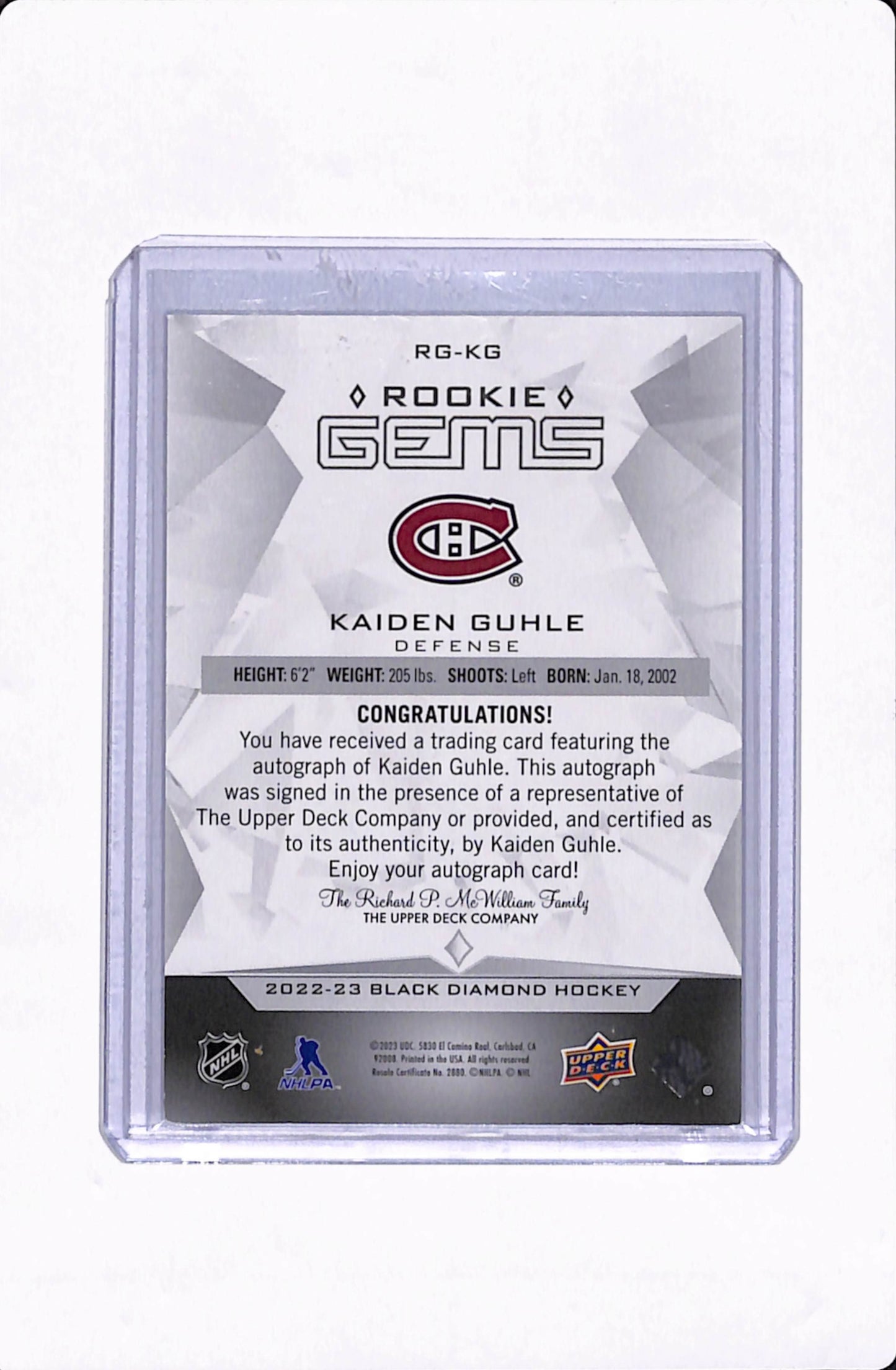 2022-23 BLACK DIAMOND HOCKEY KAIDEN GUHLE ROOKIE GEMS AUTO