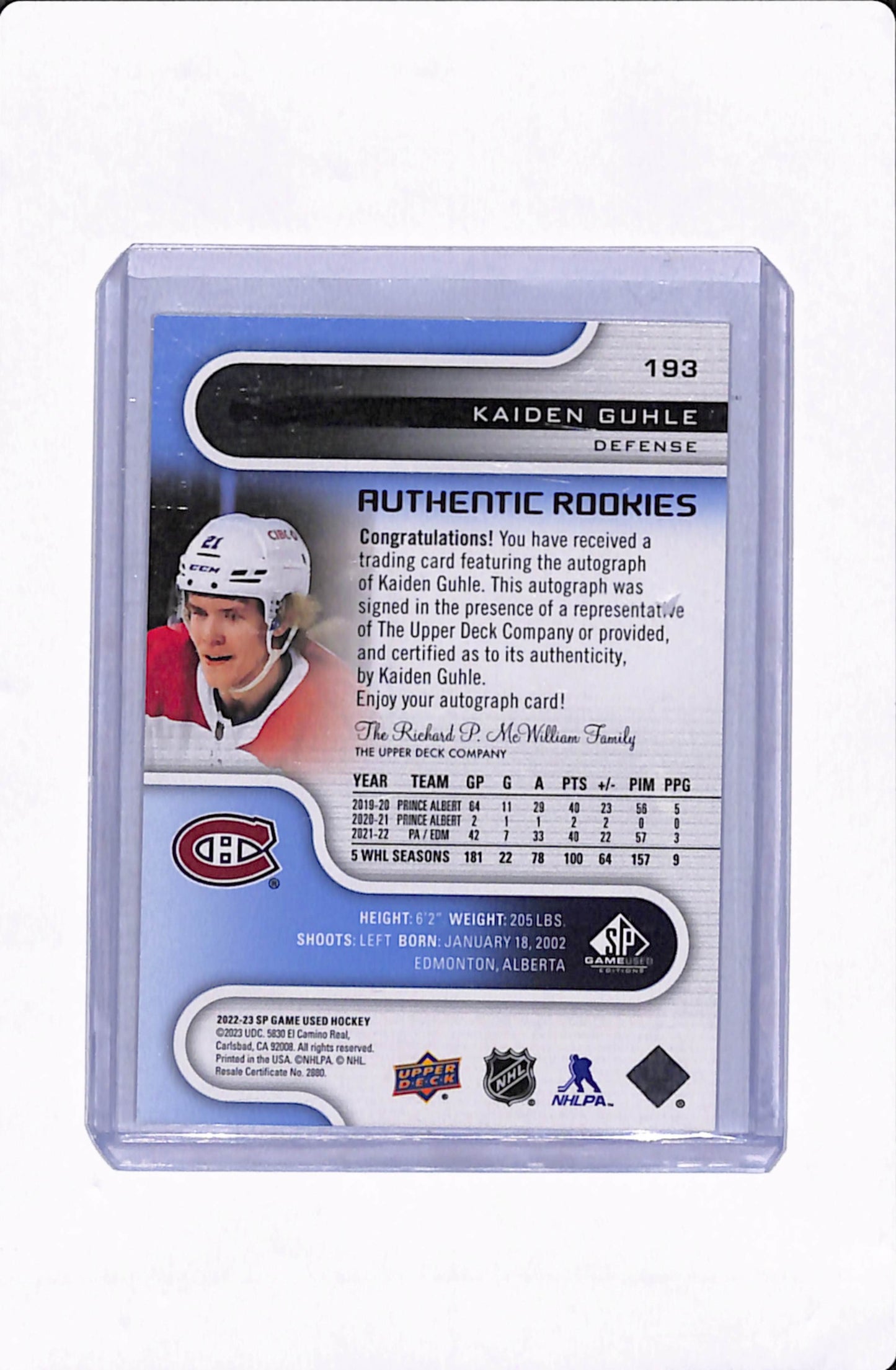 2022-23 SP GAME USED KAIDEN GUHLE AUTHENTIC ROOKIES AUTO