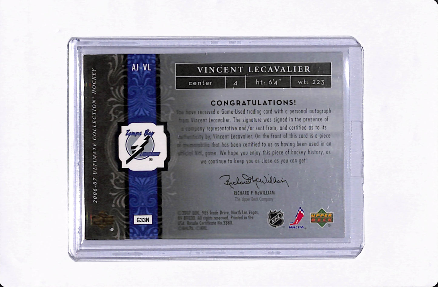 2007 ULTIMATE VINCENT LECAVALIER AUTOGRAPHED JERSEY /50