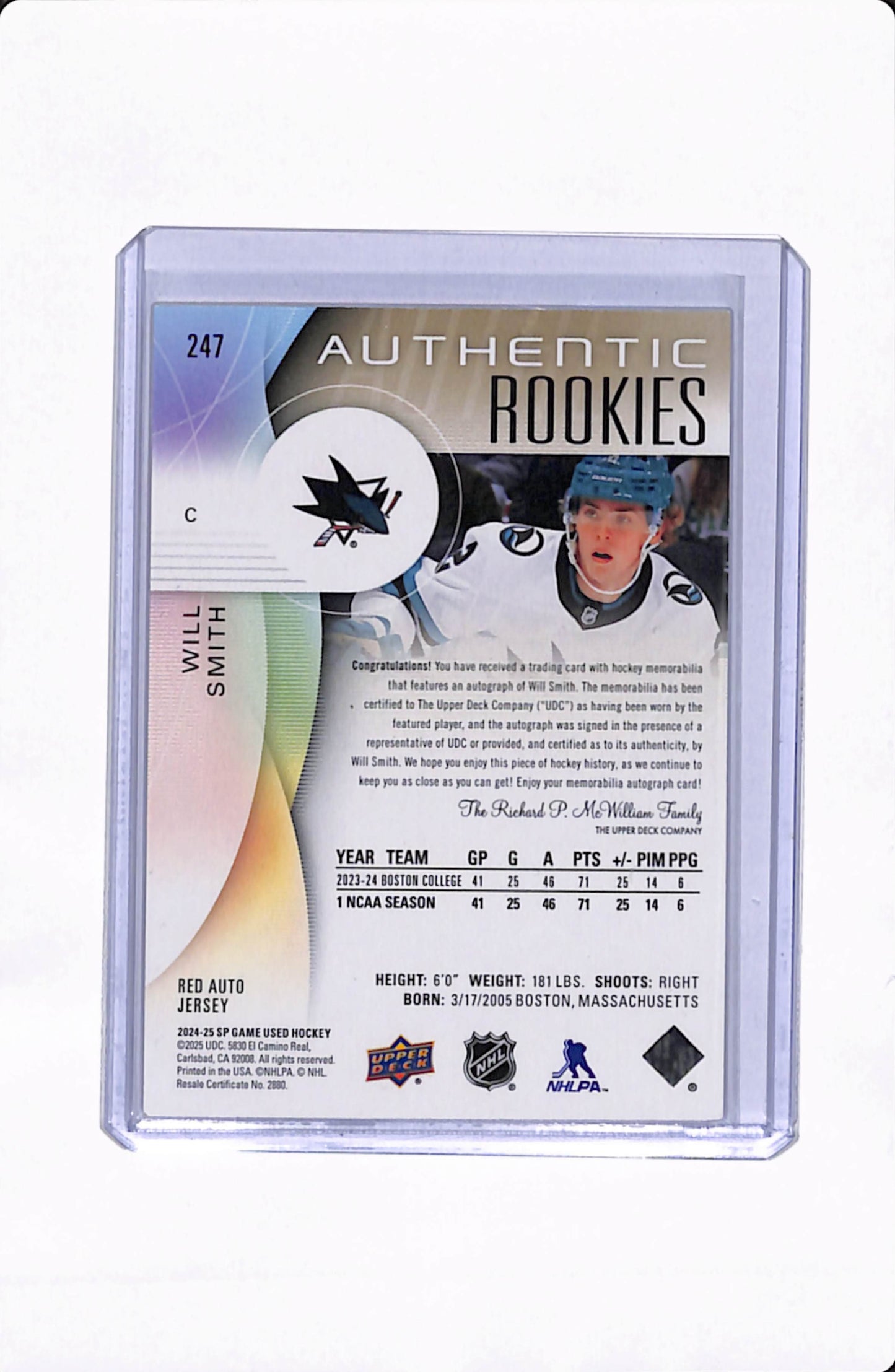 2024-25 SP GAME USED WILL SMITH AUTHENTIC ROOKIES PATCH AUTO /99