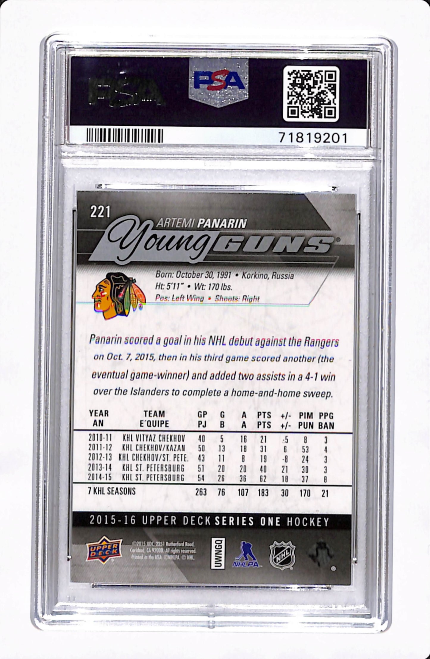 2015-16 UD SERIES ONE ARTEMI PANARIN YOUNG GUNS PSA 9