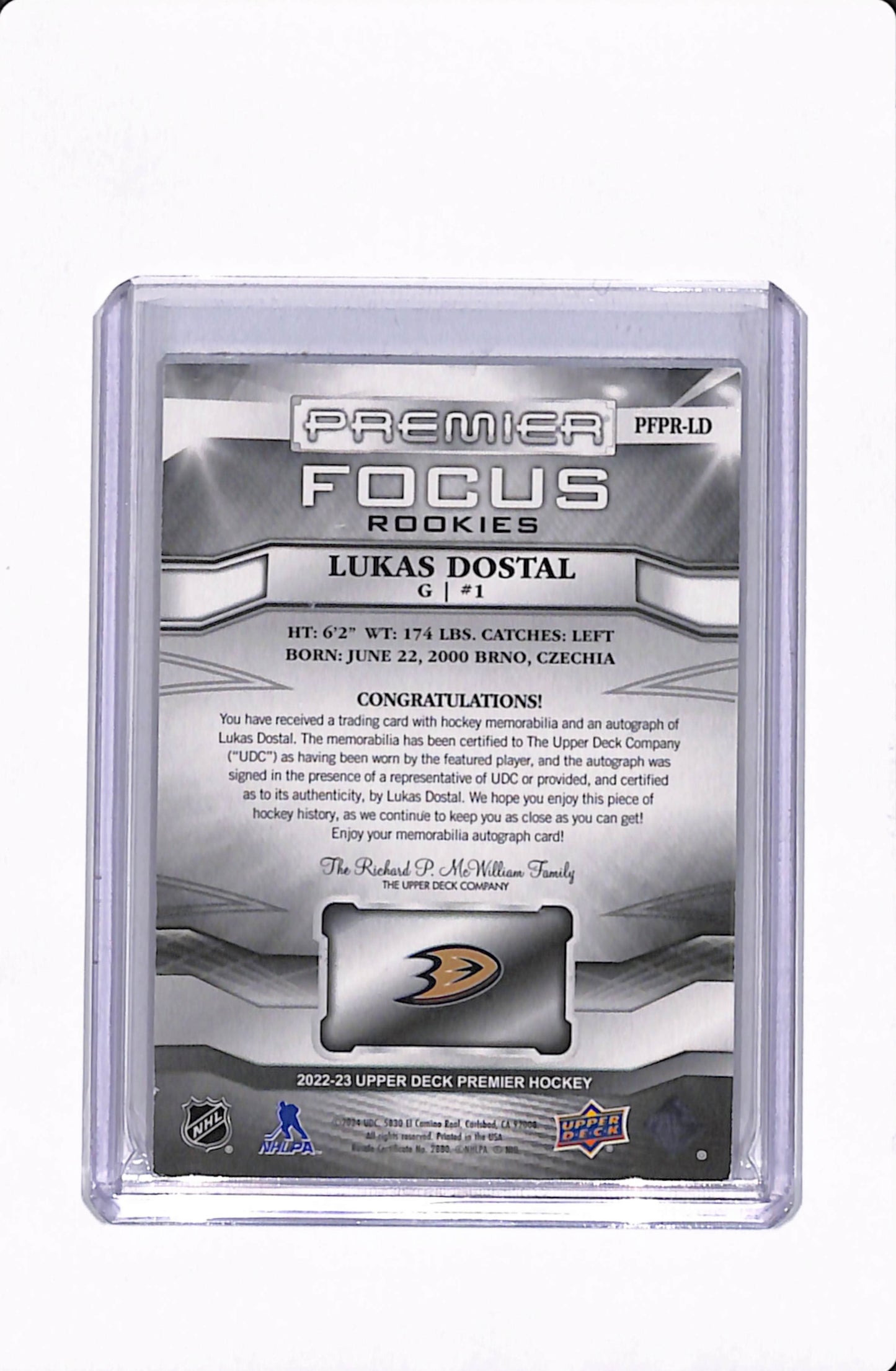 2022-23 UD PREMIER LUKAS DOSTAL PREMIER FOCUS ROOKIES PATCH AUTO /125