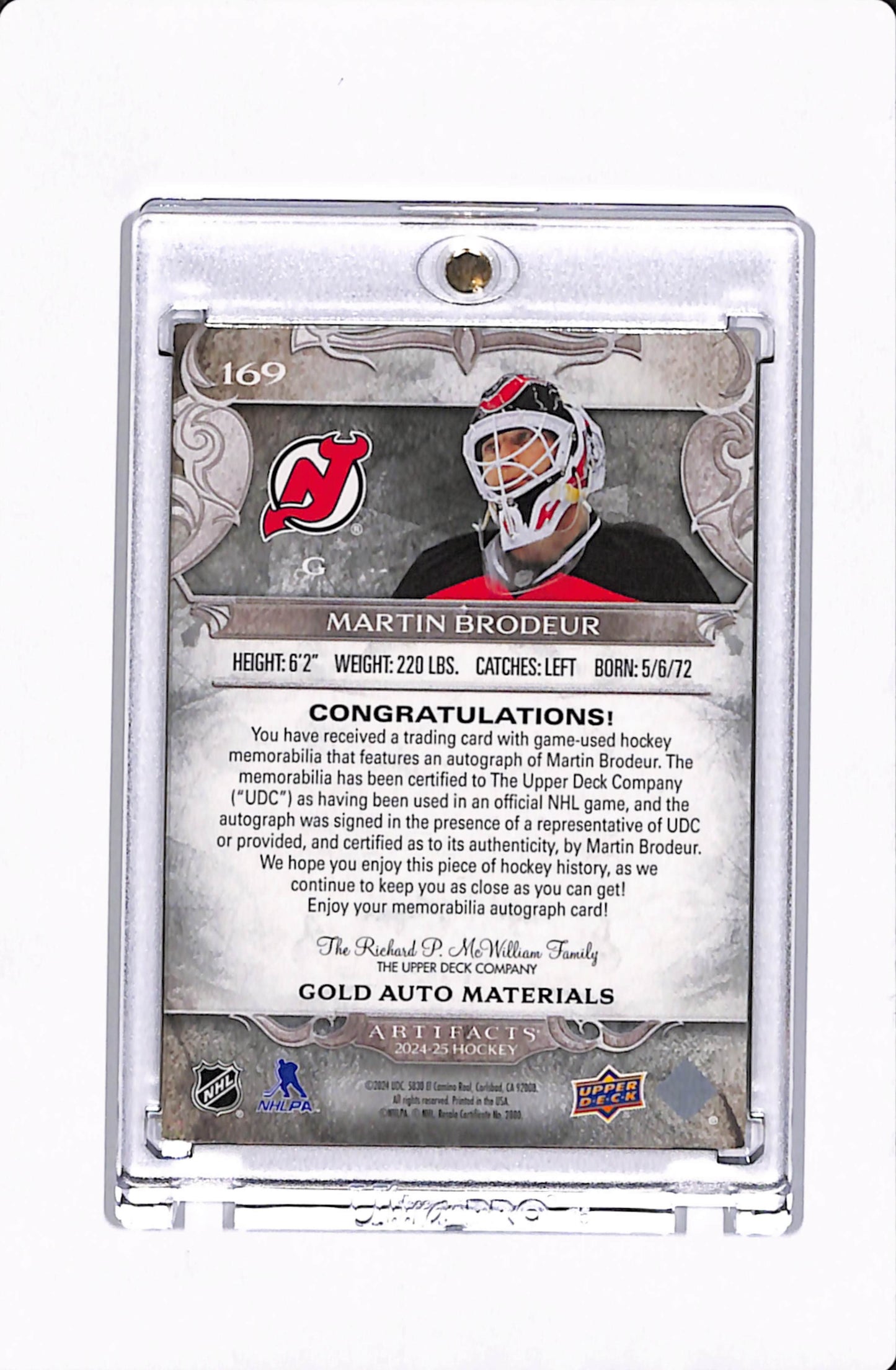 2024-25 UD ARTIFACTS MARTIN BRODEUR GOLD AUTO MATERIALS /25