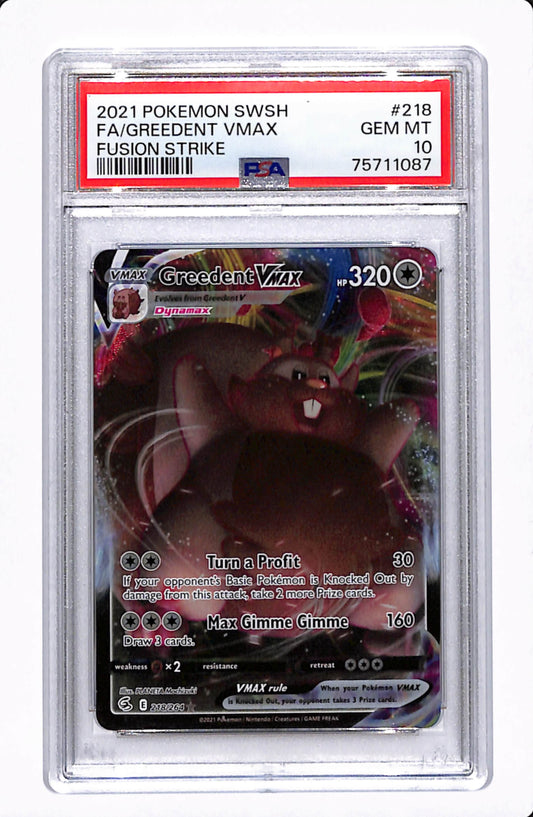 2021 POKEMON SWSH GREEDENT VMAX FUSION STRIKE 218/264 PSA 10