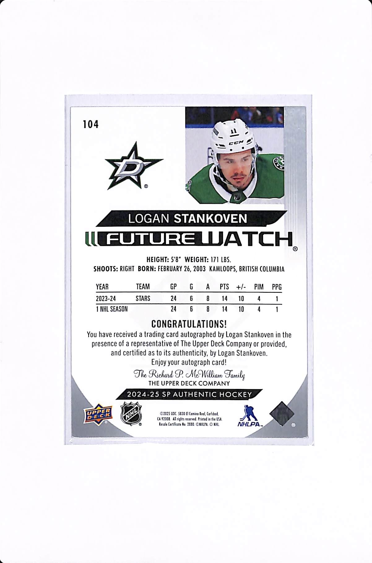 2024-25 UPPER DECK SP AUTHENTIC LOGAN STANKOVEN FUTURE WATCH AUTO /999 #104