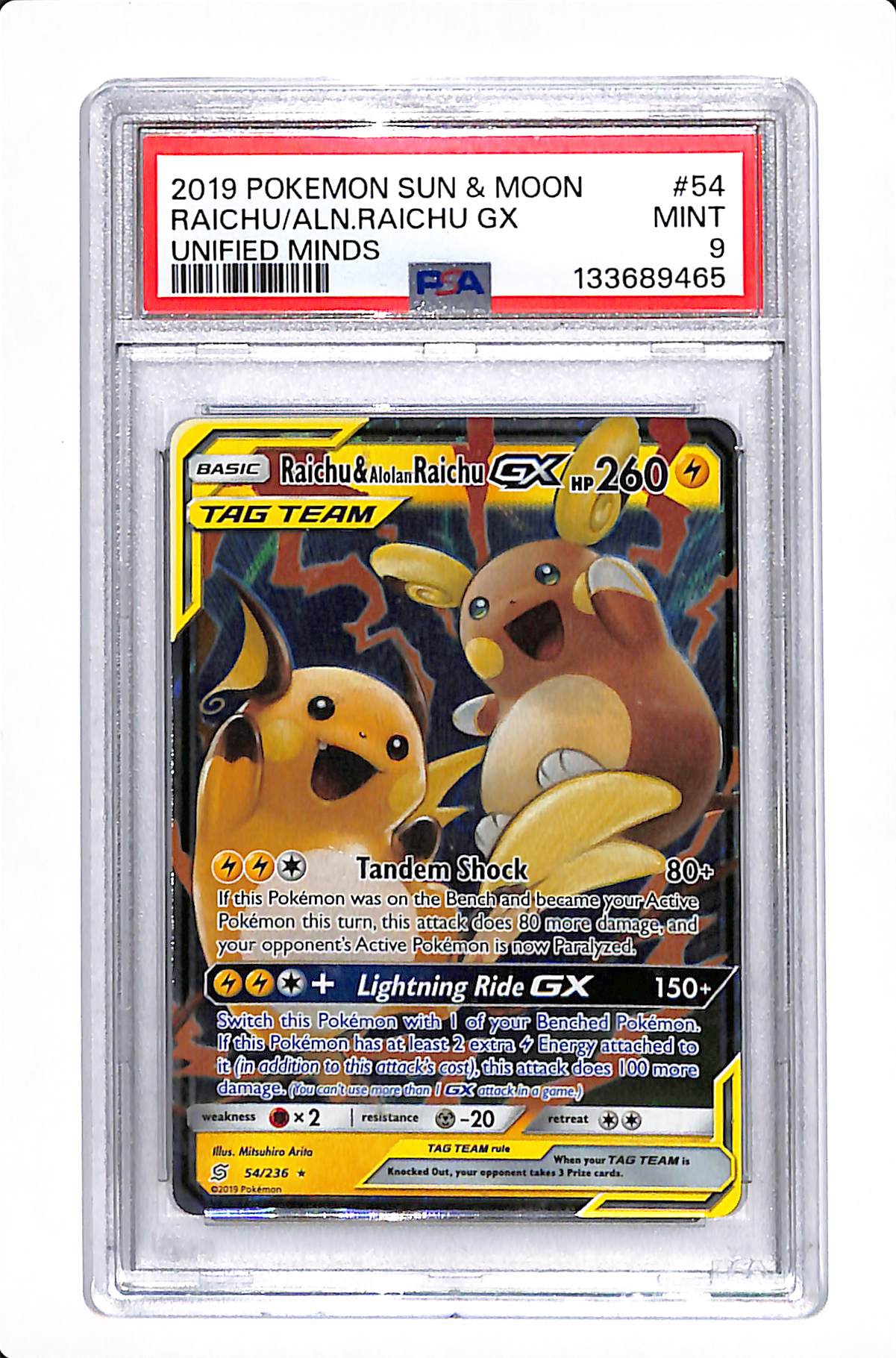 2019 POKEMON TCG: SUN & MOON RAICHU/ALOLAN RAICHU EX UNIFIED MINDS 54/236 PSA 9