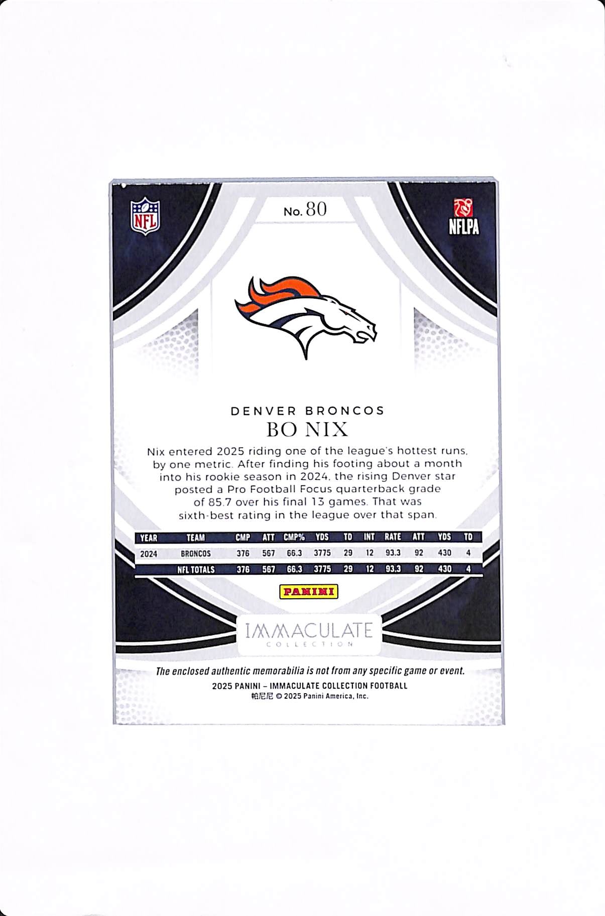 2025 PANINI IMMACULATE BO NIX PATCH /50 #80