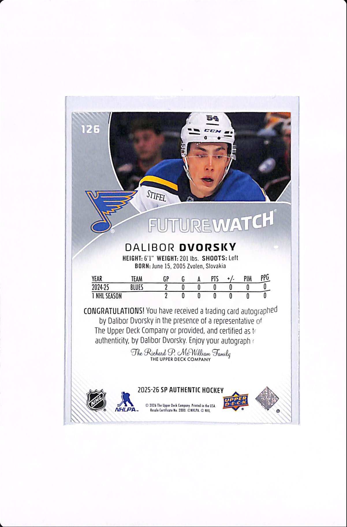 2025-26 UPPER DECK SP AUTHENTIC DALLIBOR DVORSKY FUTURE WATCH AUTO /999 #126