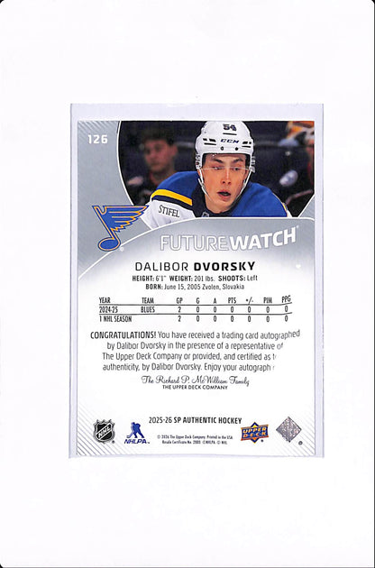 2025-26 UPPER DECK SP AUTHENTIC DALLIBOR DVORSKY FUTURE WATCH AUTO /999 #126