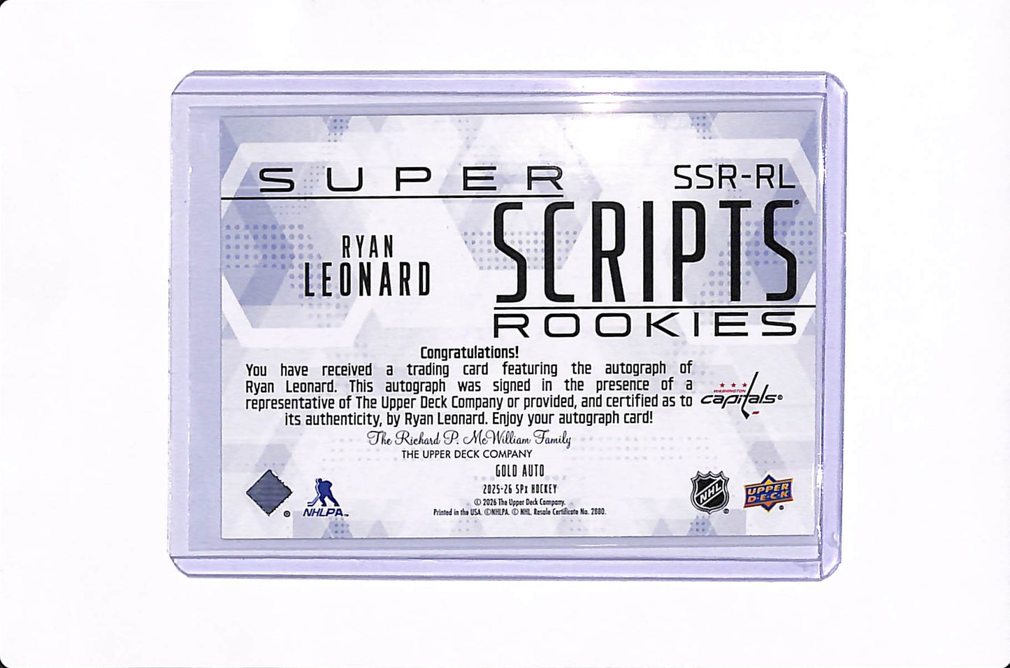 2025-26 UPPER DECK SPX HOCKEY RYAN LEONARD SUPER SCRIPTS GOLD AUTO /99 #SSR-RL
