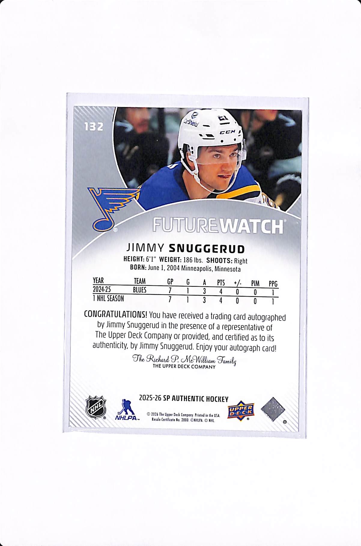 2025-26 UPPER DECK SP AUTHENTIC JIMMY SNUGGERUD FUTURE WATCH AUTO /999 #132