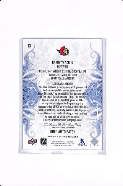2024-25 UPPER DECK ICE BRADY TKACHUK GOLD AUTO PATCH #13