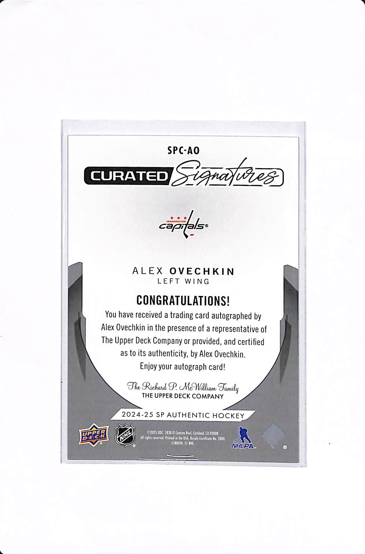 2024-25 UPPER DECK SP AUTHENTIC ALEX OVECHKIN CURATED SIGNATURES /10 #SPC-AO