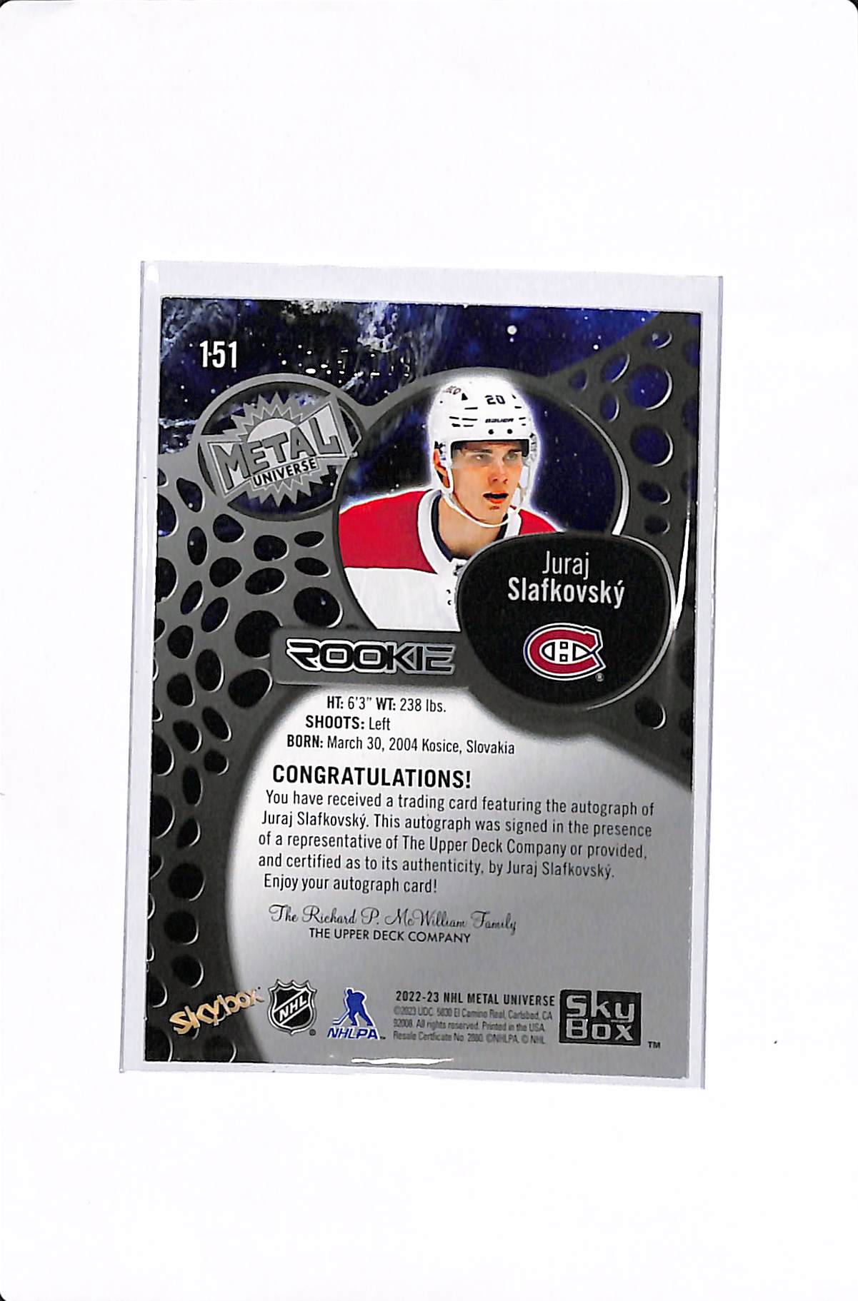 2024-25 UPPER DECK METAL UNIVERSE JURAJ SLAFKOVSKY ROOKIE AUTO /199 #151