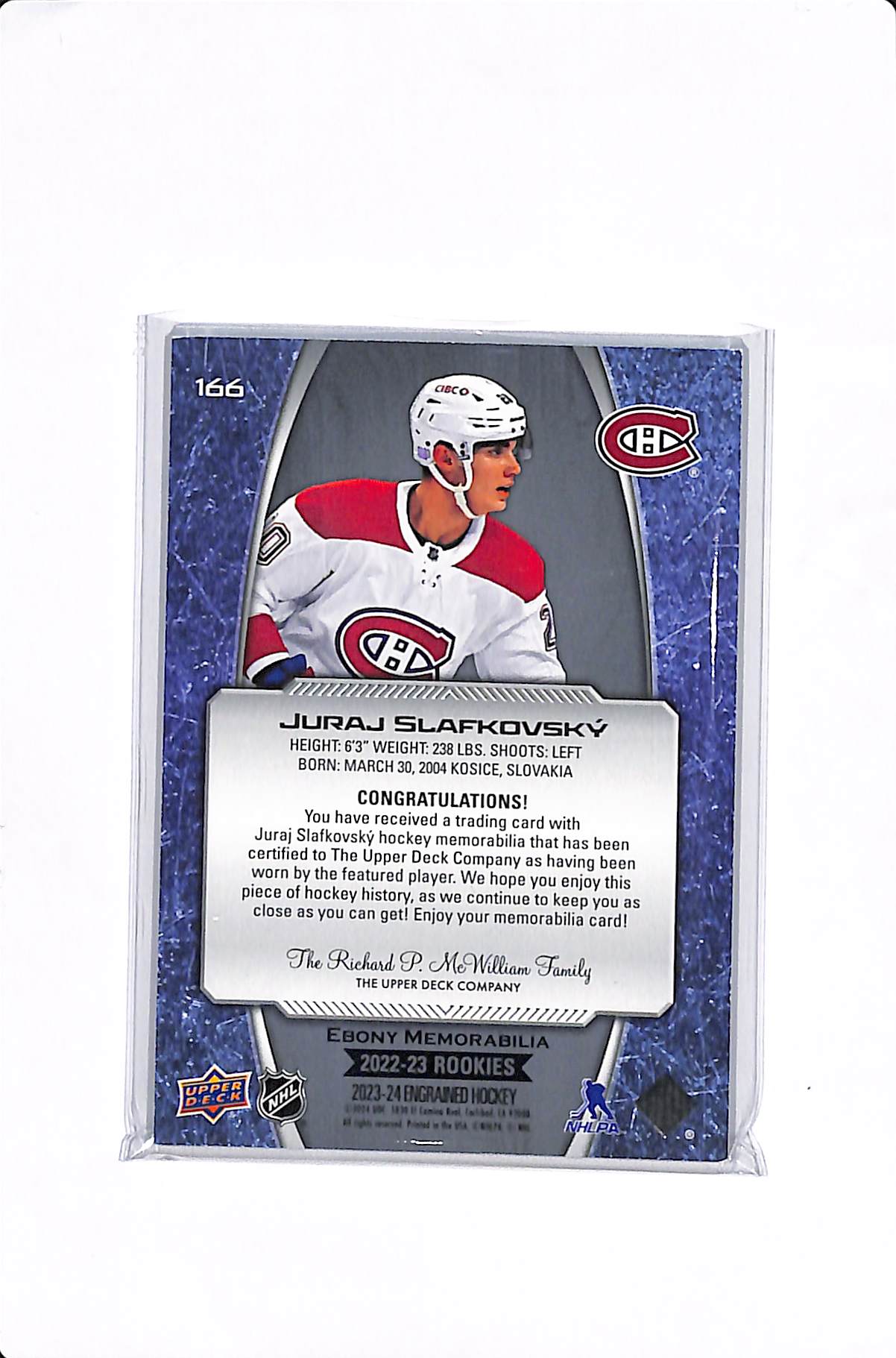 2023-24 UPPER DECK ENGRAINED JURAJ SLAFKOVSKY EBONY MEMORABILIA ROOKIE PATCH /15 #