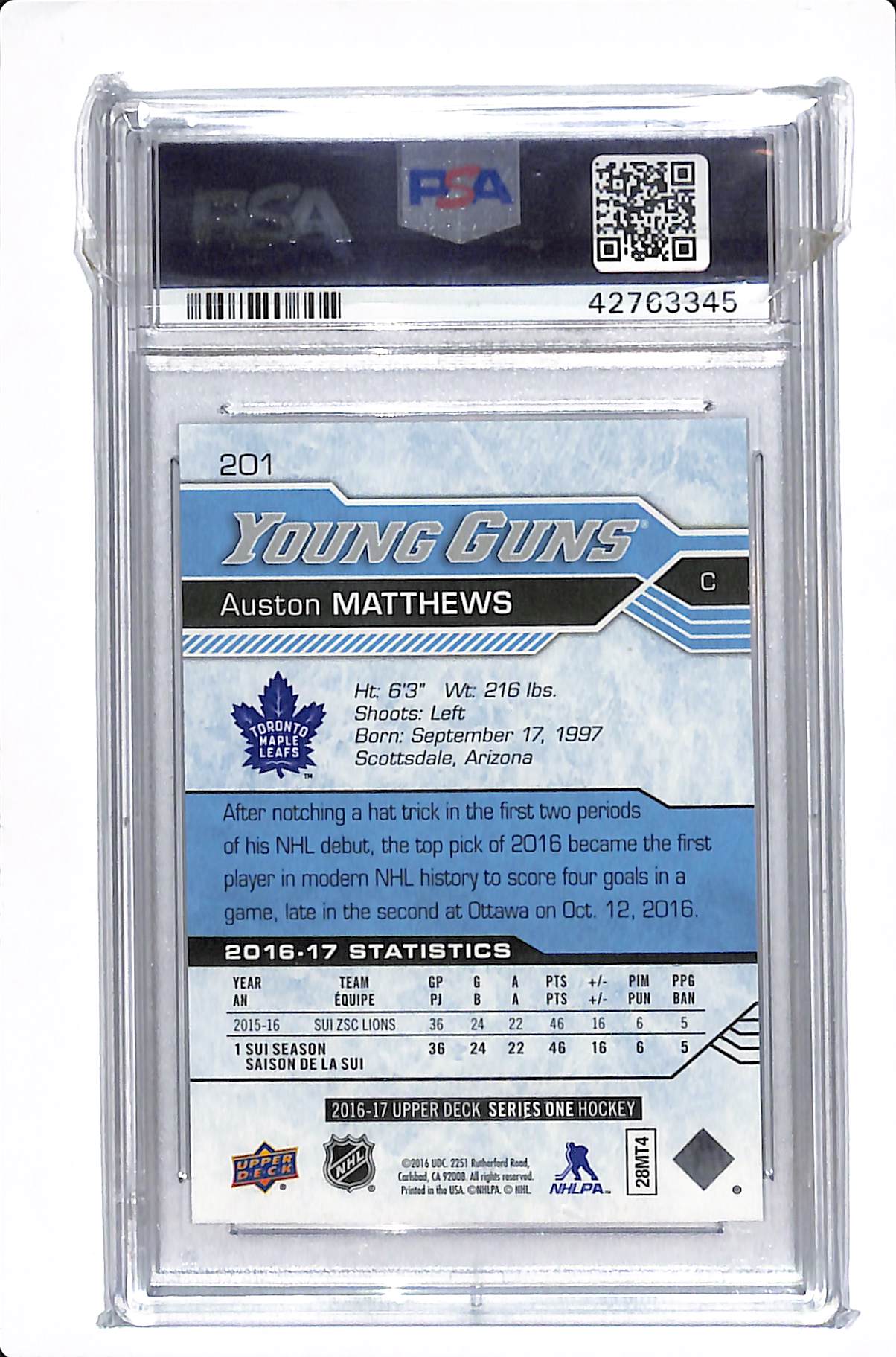 2016-17 UPPER DECK SERIES 1 AUSTON MATTHEWS YOUNG GUNS PSA 10 #201