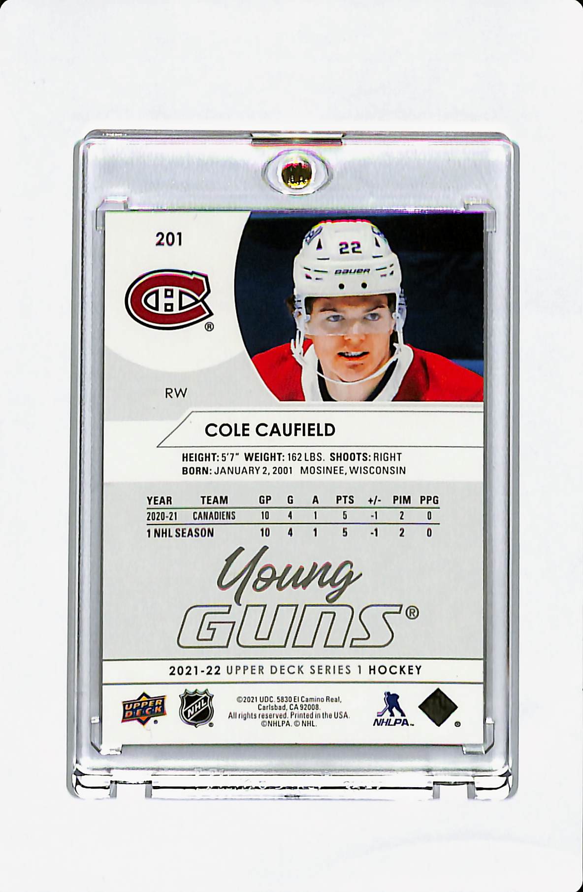 2021-22 UPPER DECK SERIES ONE COLE CAUFIELD YOUNG GUNS