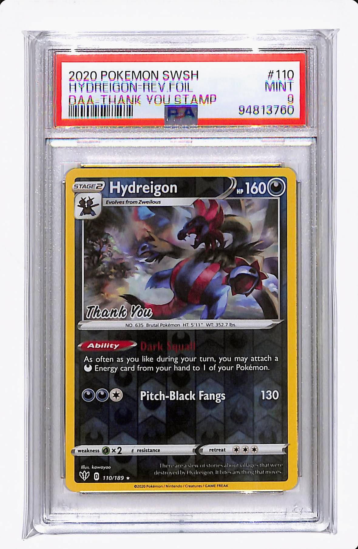 2020 POKEMON SWSH HYDREIGON-REV FOIL THANK YOU STAMP PSA 9