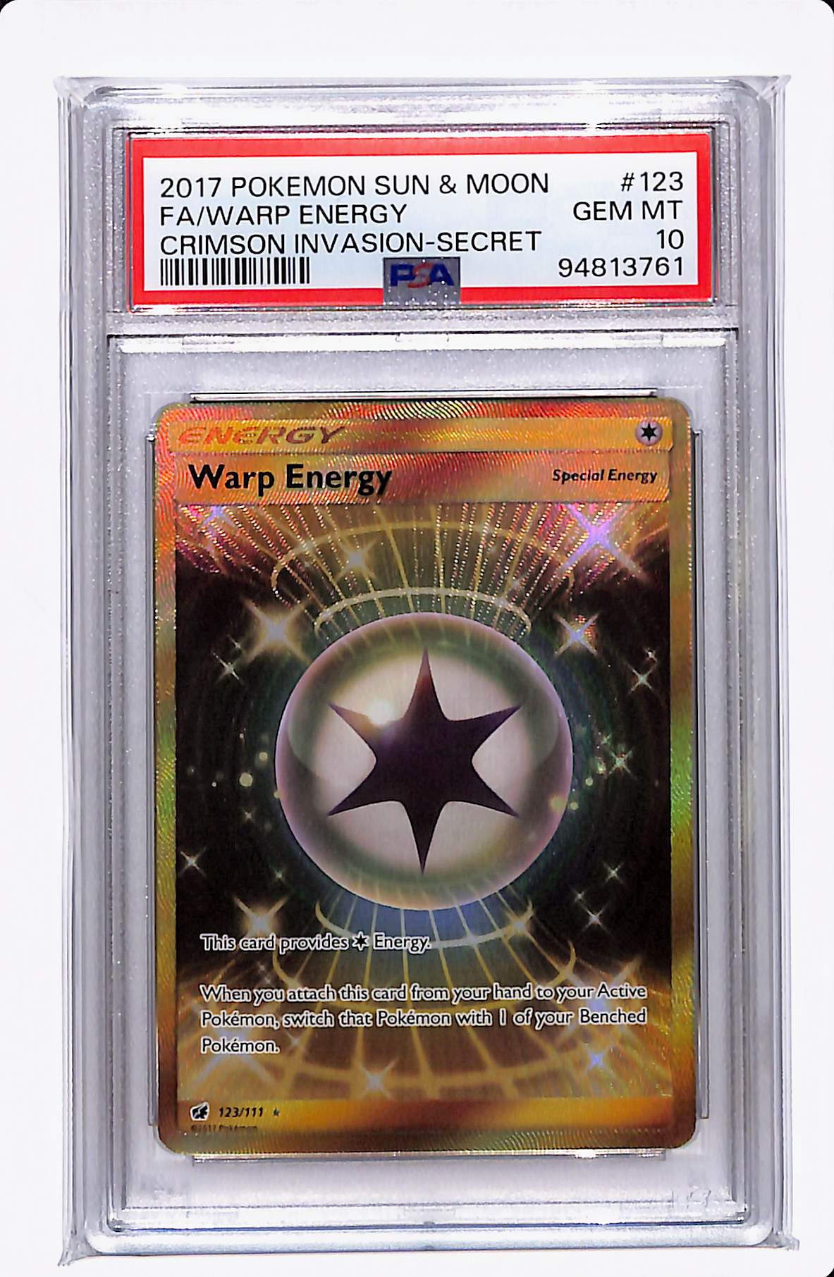 2018 POKEMON SUN & MOON WARP ENERGY CRIMSON INVASION -SECRET PSA 10