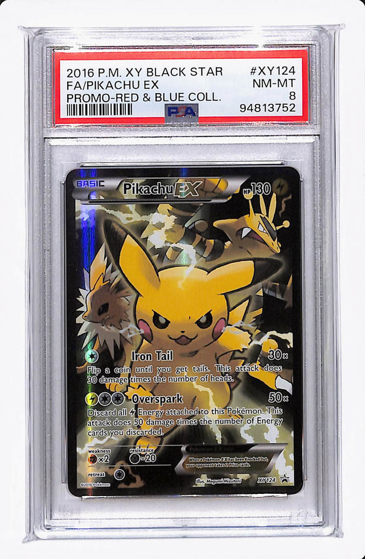 2016 XY BLACK STAR PIKACHU EX PROMO RED/BLUE COLLECTION PSA 8