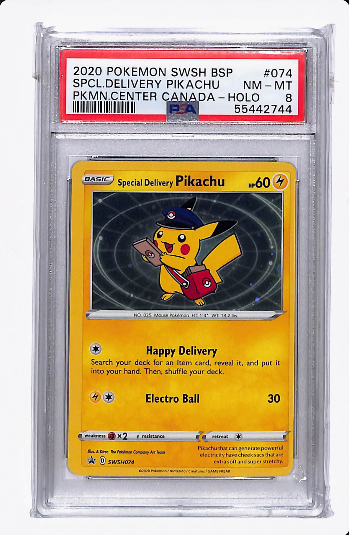 2020 POKEMON SWSH BSP SPCL. DELIVERY PIKACHU PKMN CENTER CANADA-HOLO PSA 8