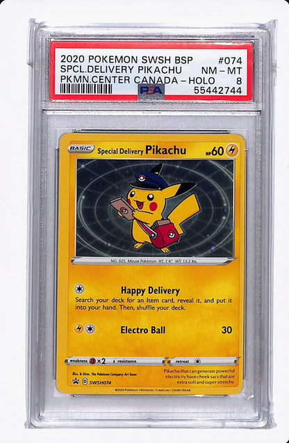 2020 POKEMON SWSH BSP SPCL. DELIVERY PIKACHU PKMN CENTER CANADA-HOLO PSA 8