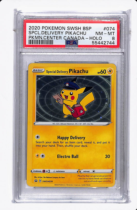 2020 POKEMON SWSH BSP SPCL. DELIVERY PIKACHU PKMN CENTER CANADA-HOLO PSA 8