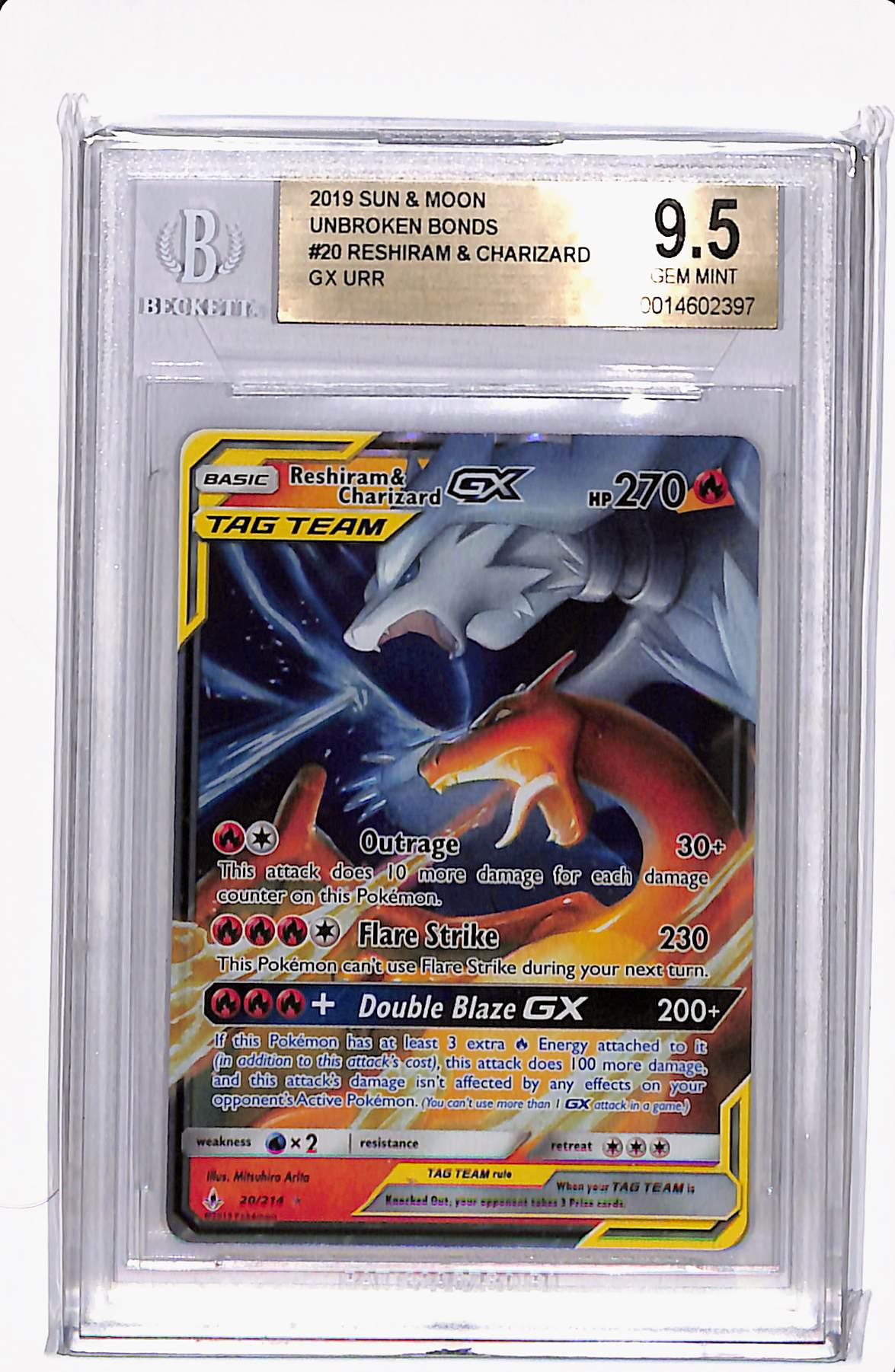 2019 POKEMON SUN & MOON UNBROKEN BONDS RESHIRAM & CHARIZARD GX URR BGS 9.5