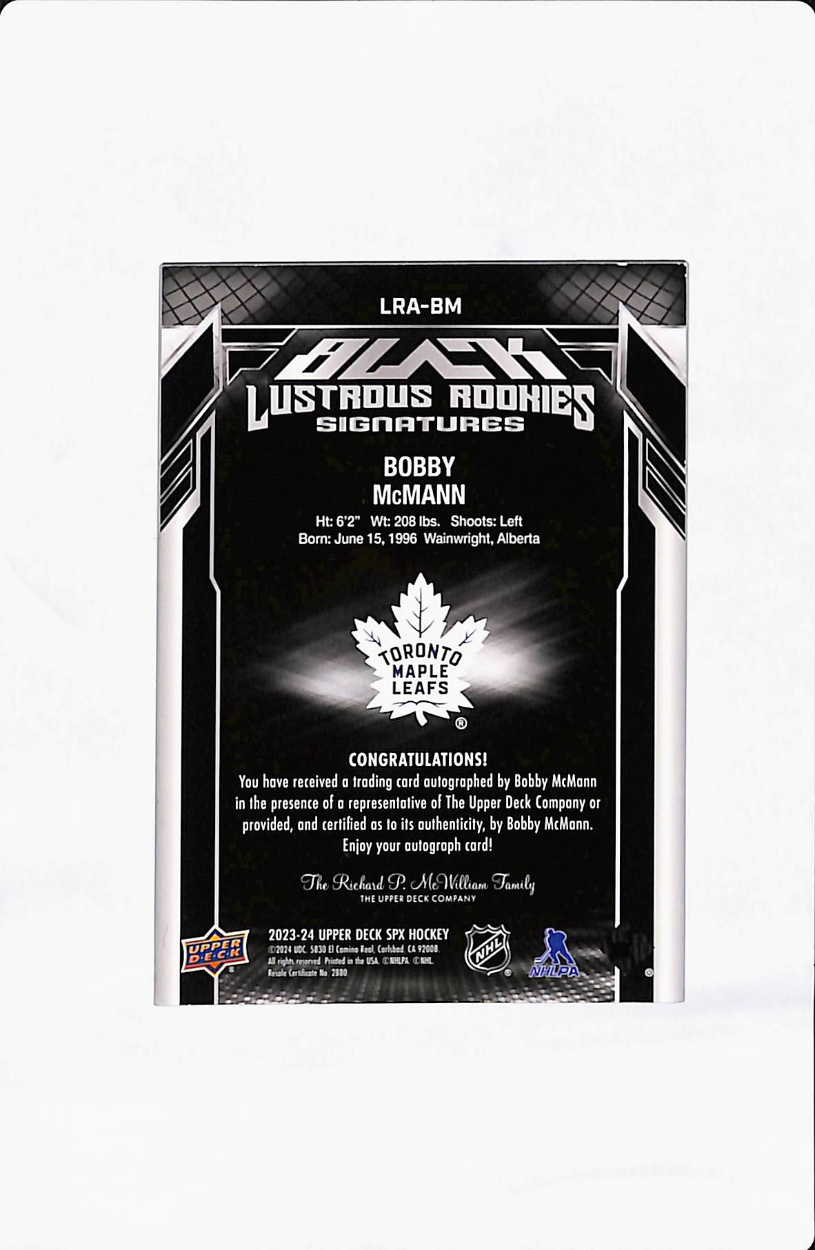 2023-24 UPPER DECK SPX BOBBY MCMANN BLACK LUSTROUS ROOKIES SIGNATURES /299