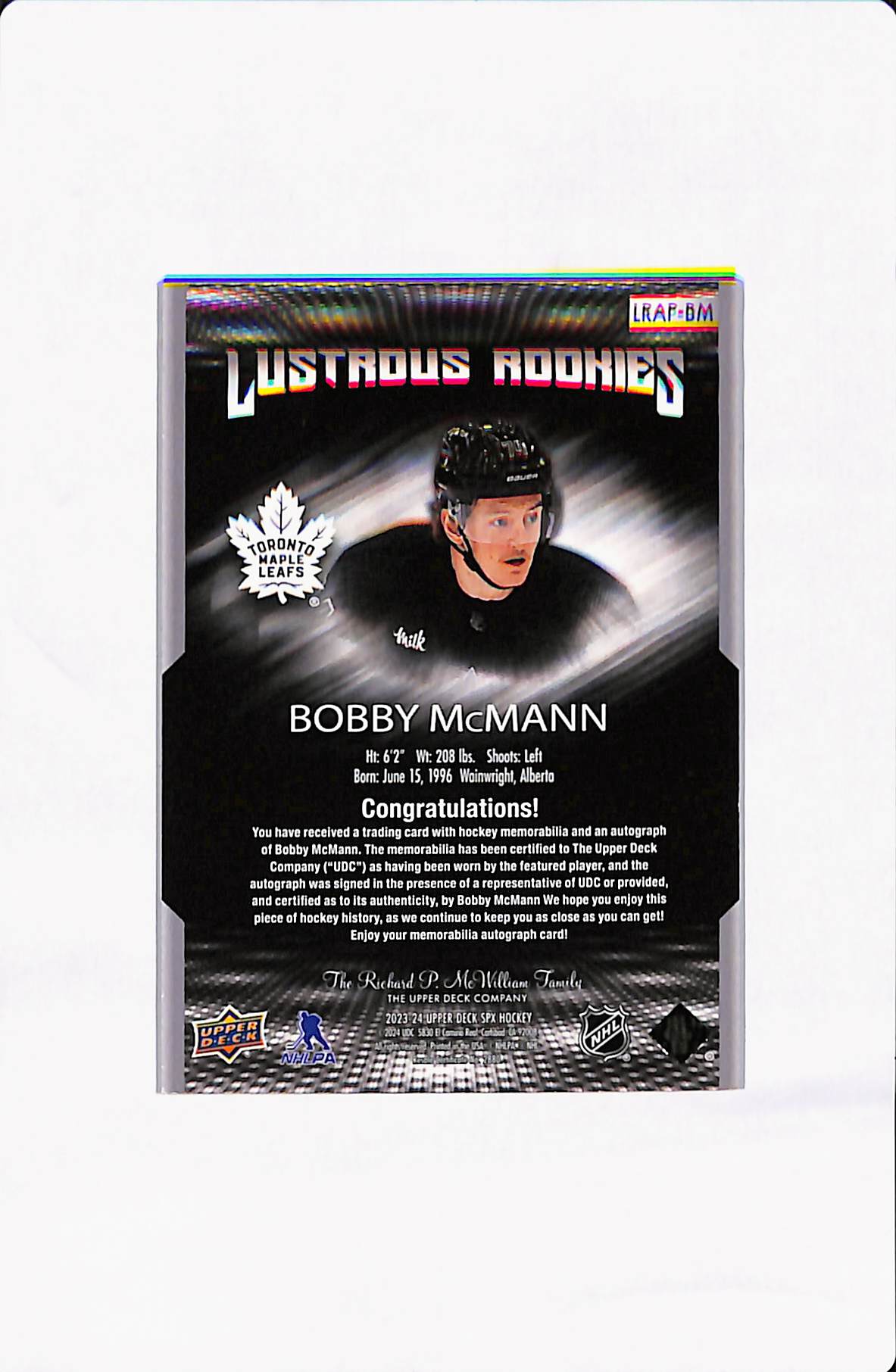 2023-24 UPPER DECK SPX BOBBY MCMANN LUSTOURS ROOKIES PATCH AUTO /125