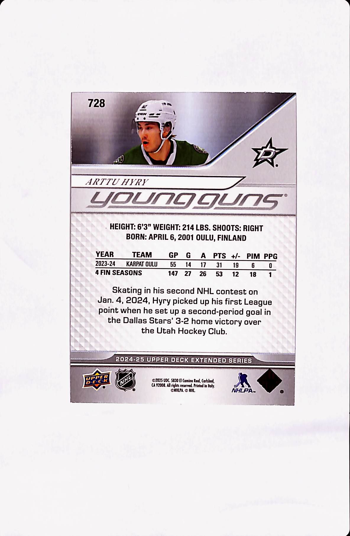 2024-25 UPPER DECK EXTENDED SERIES ARTTU HYRY YOUNG GUNS UD EXCLUSIVES /100