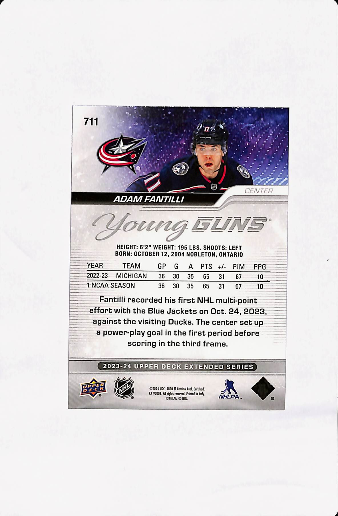 2023-24 UPPER DECK EXTENDED SERIES ADAM FANTILI YOUNG GUNS