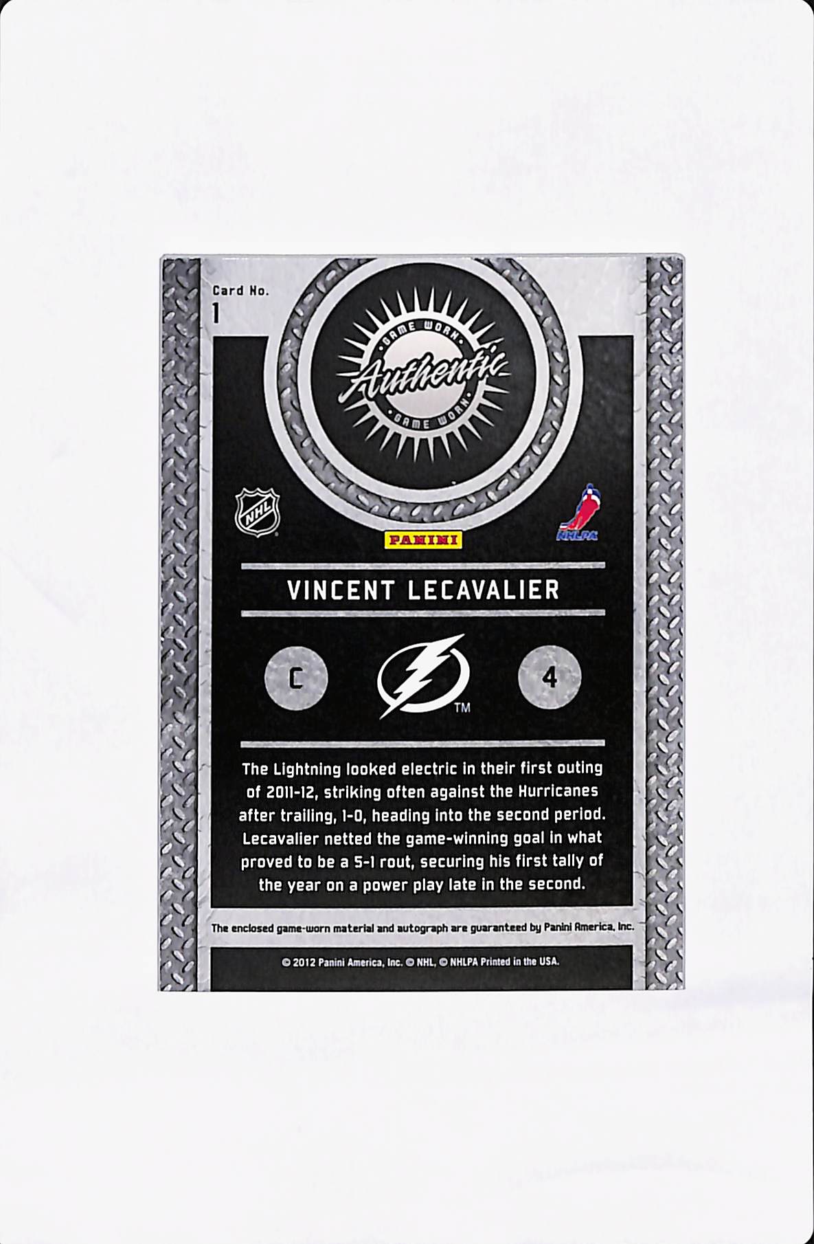 2012 PANINI TITANIUM VINCENT LECAVALIER GAME WORN GEAR SIGNATURE 36/50