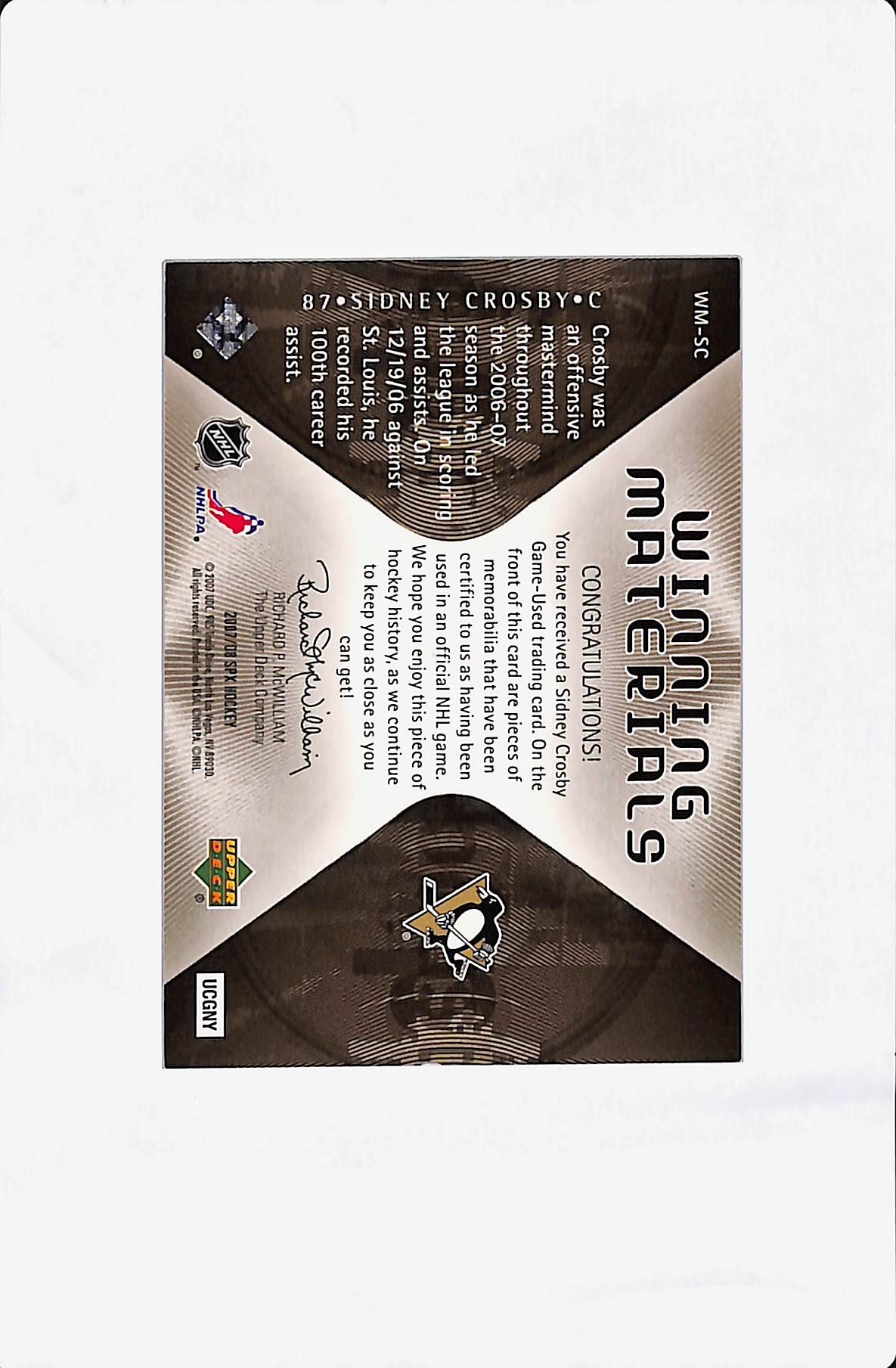2007-08 UPPER DECK SPX SYDNEY CROSBY WINNING MATERIALS