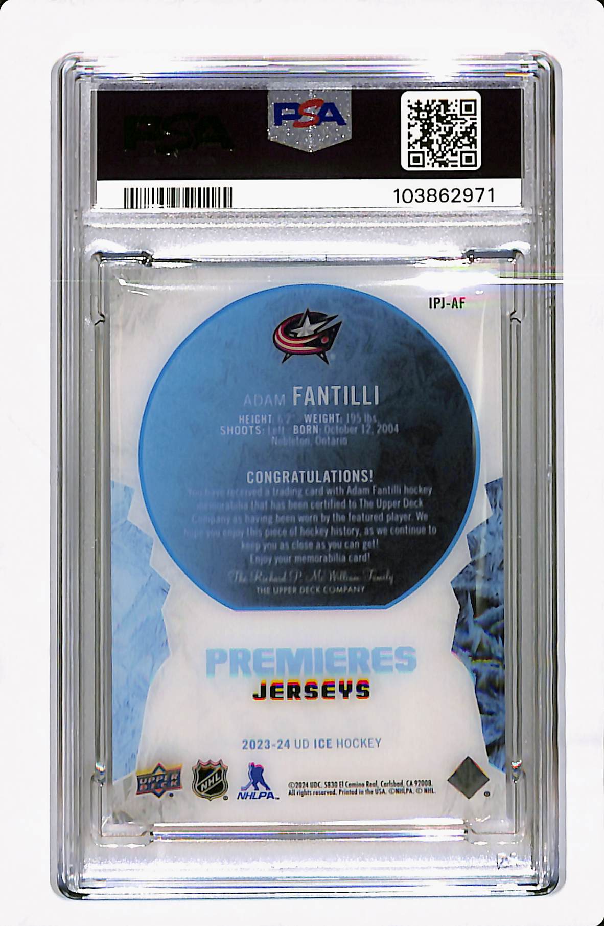 2023-24 UPPER ICE ADAM FANTILI PREMIERES JERSEY PSA 9