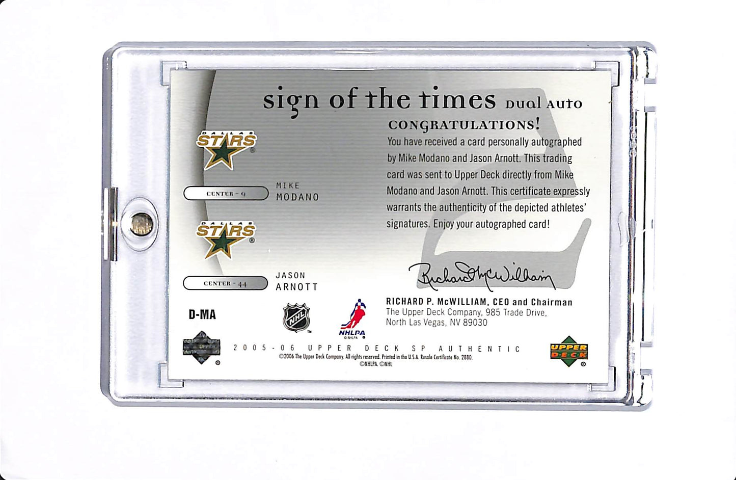 2005-06 UPPER DECK SP AUTHENTIC MIKE MODANO JASON ARNOTT SIGN OF THE TIMES DUAL AUTO #D-MA