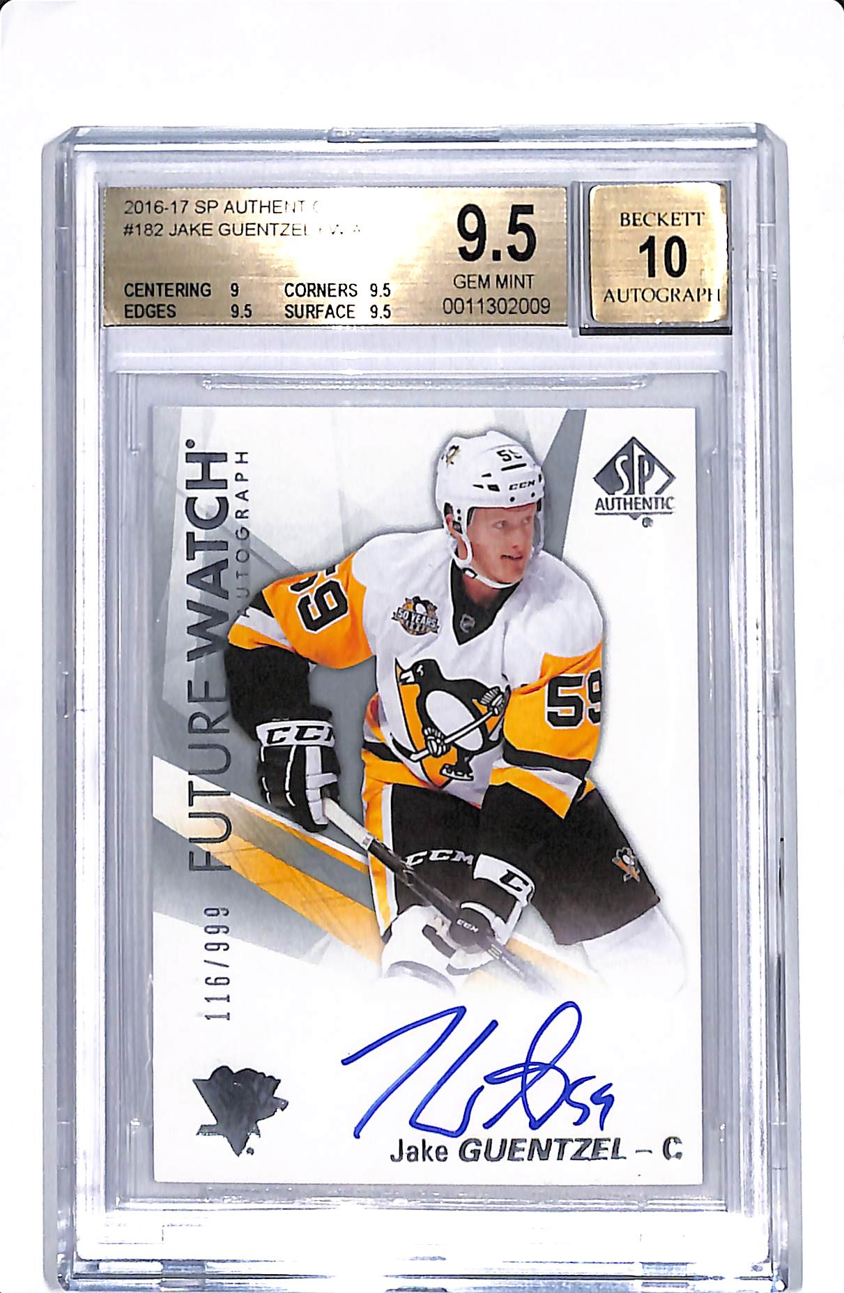 2016-17 UPPER DECK SP AUTHENTIC JAKE GUENTZEL FUTURE WATCH AUTO /999 BGS 9.5 AUTO 10 #182