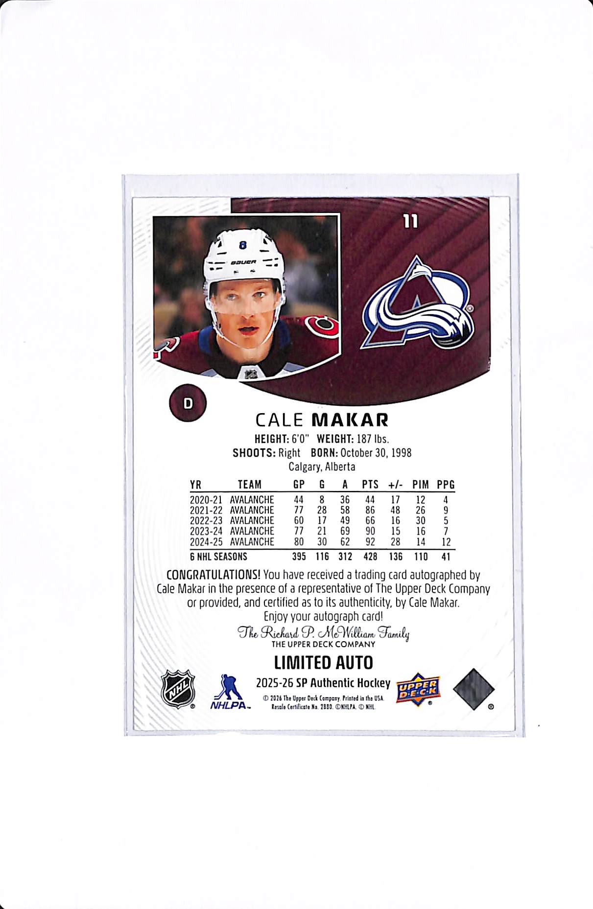 2025-26 UPPER DECK SP AUTHENTIC CALE MAKAR LIMITED AUTO #11