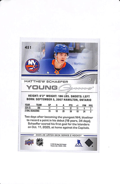 2025-26 UPPER DECK SERIES 2 MATTHEW SCHAEFER YOUNG GUNS #451