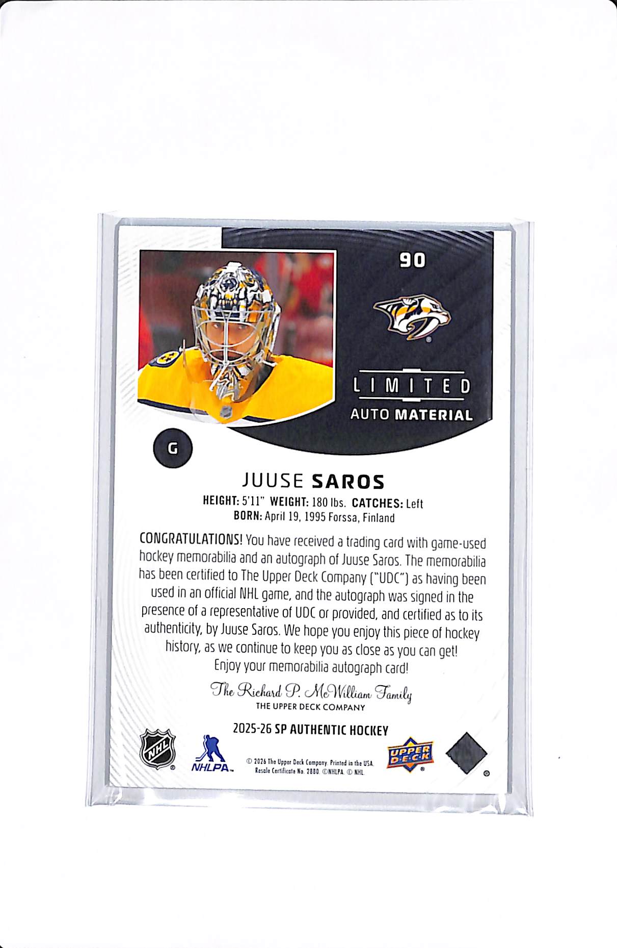 2025-26 UPPER DECK SP AUTHENTIC JUUSE SAROS LIMITED AUTO MATERIAL /100 #90