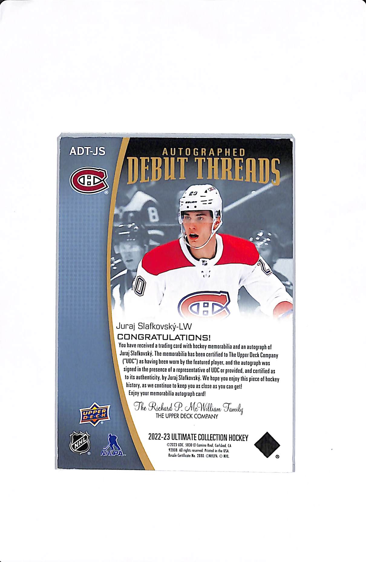 2022-23 UPPER DECK ULTIMATE JURAJ SLAFKOVSKY AUTOGRAPHED DEBUT THREADS /49 #ADT-JS